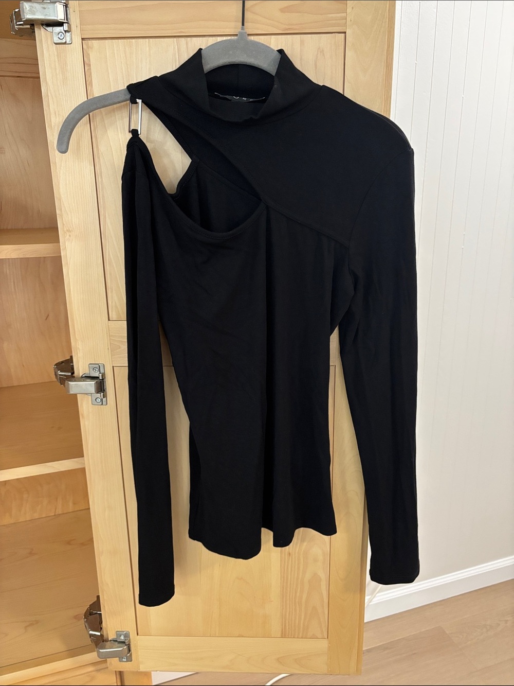 Asymmetric Black Long-Sleeve Cutout Top